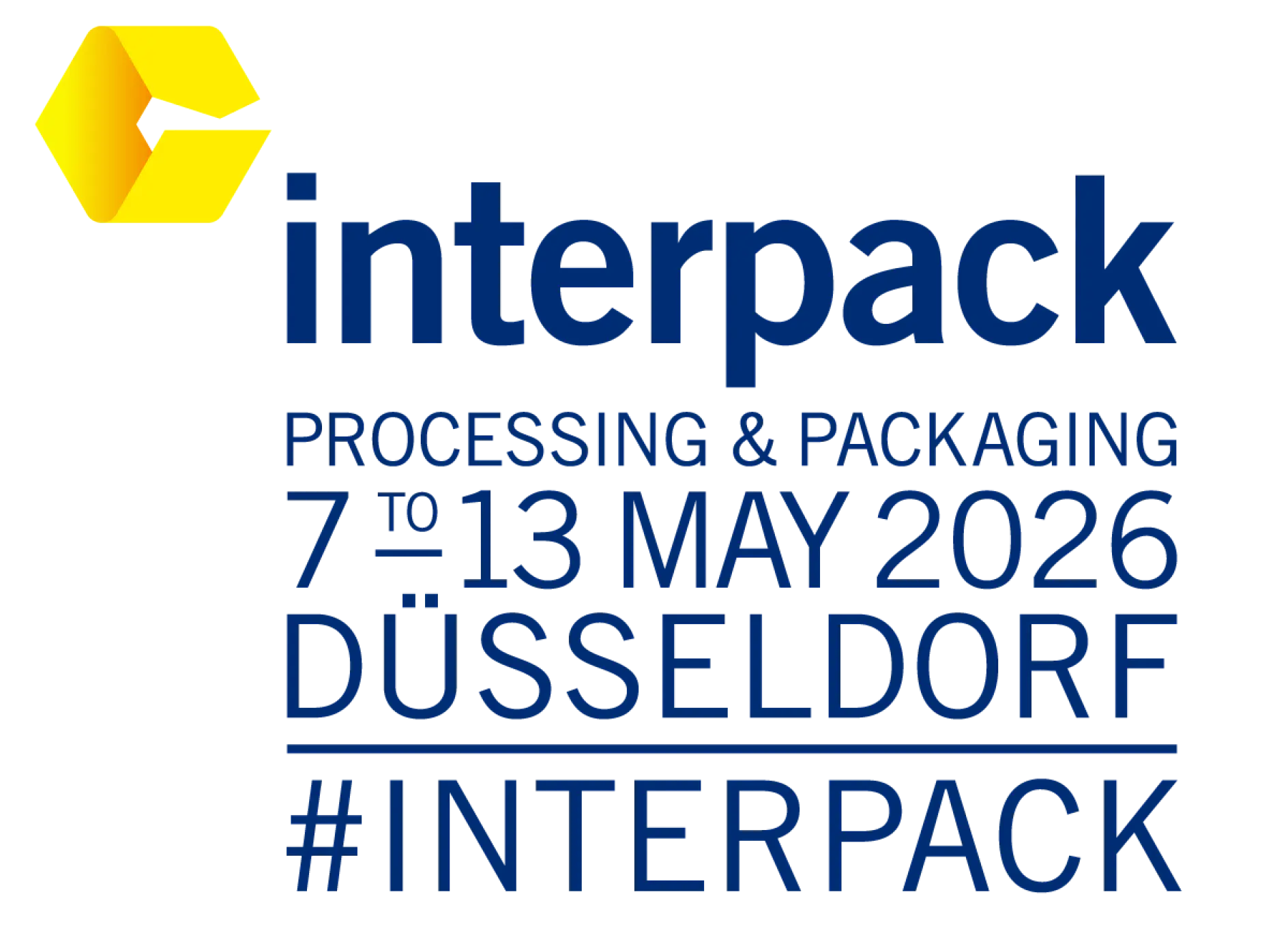 The interpack 2026 logo with a yellow geometric shape, blue text for dates and location, and #INTERPACK beneath—featuring tesa tape.
