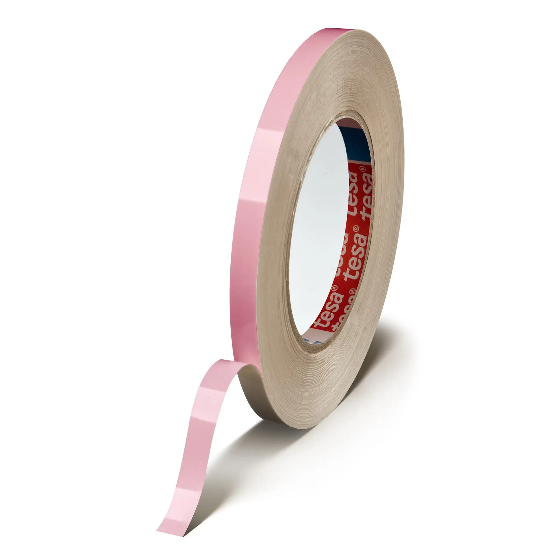 roll of pink tesa adhesive tape with a partially unrolled strip on a white background (This text has been generated by AI)