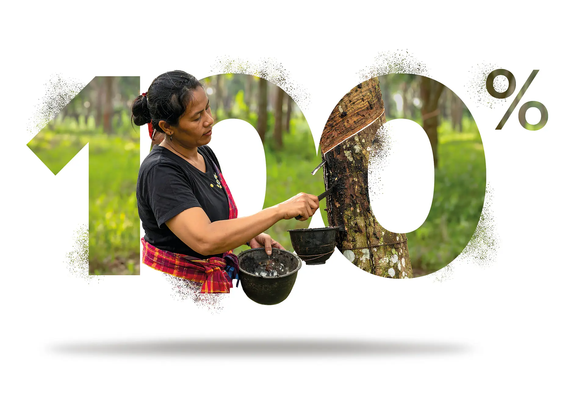 A woman collects latex from a rubber tree using a small bowl. Large 100% text overlays the scene, referencing tesa tape. Green trees behind.