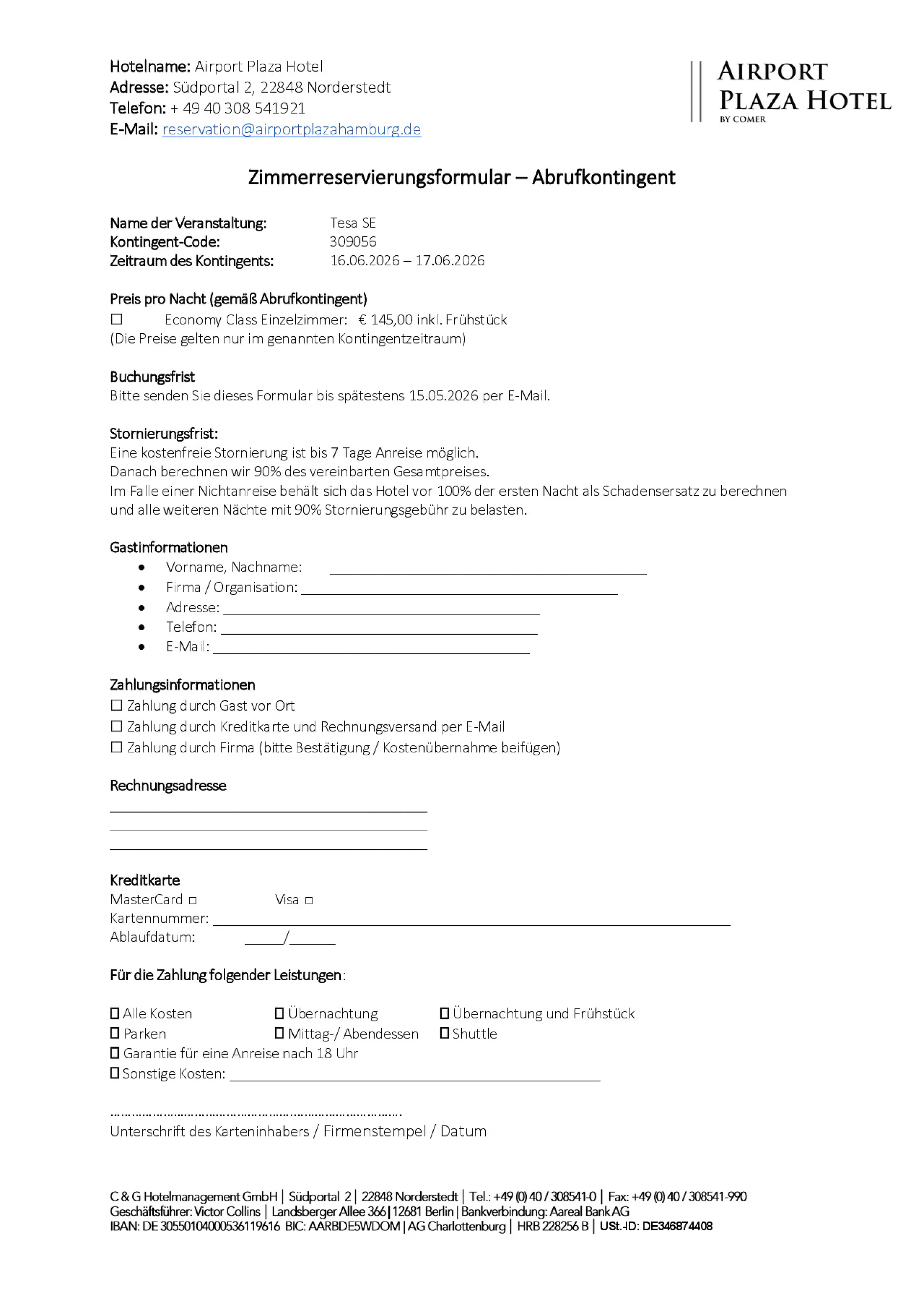 Zimmerkontingent 309056 16.-17.06. TESA