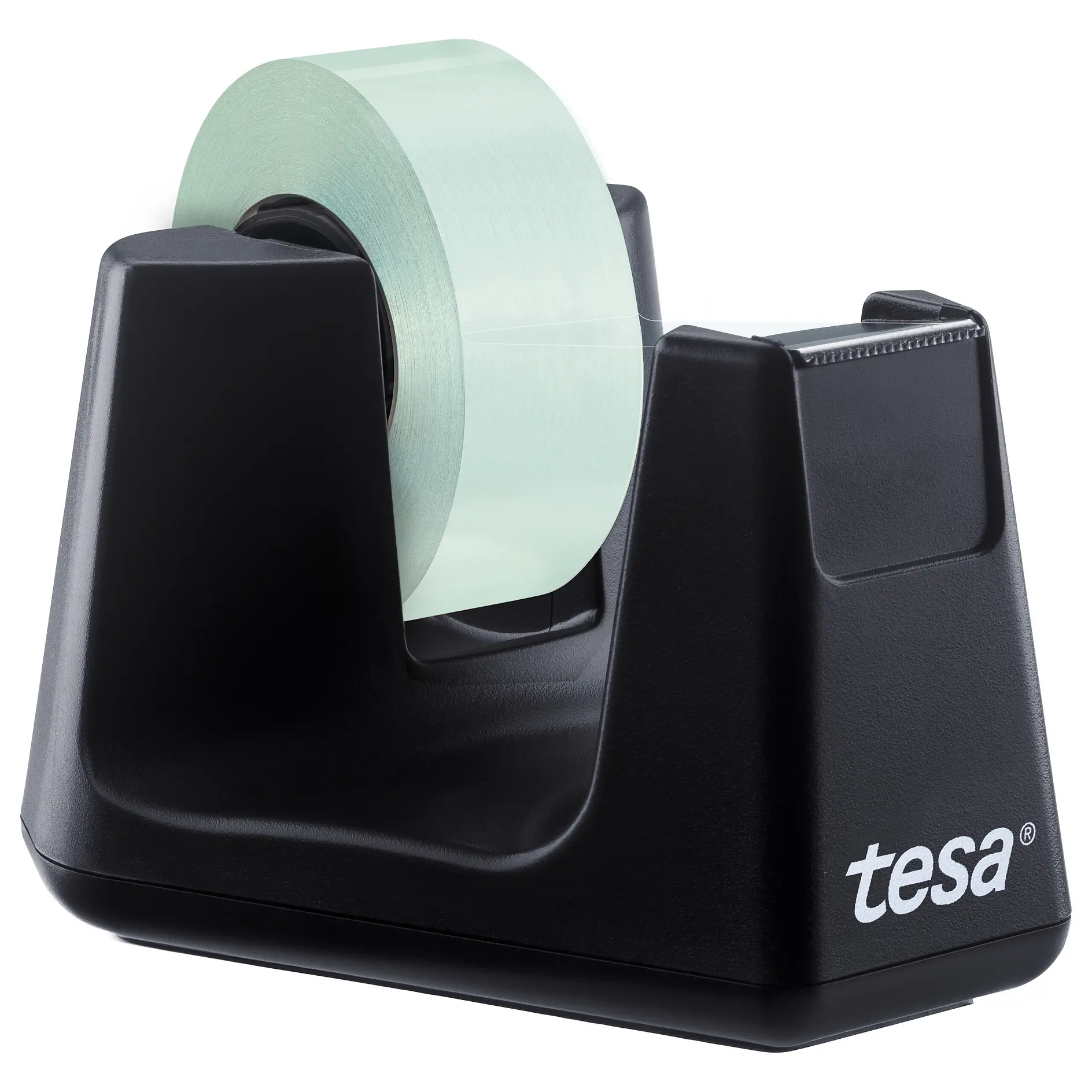 tesa black desktop tape dispenser holding a roll of transparent adhesive tape on a white background (This text has been generated by AI)