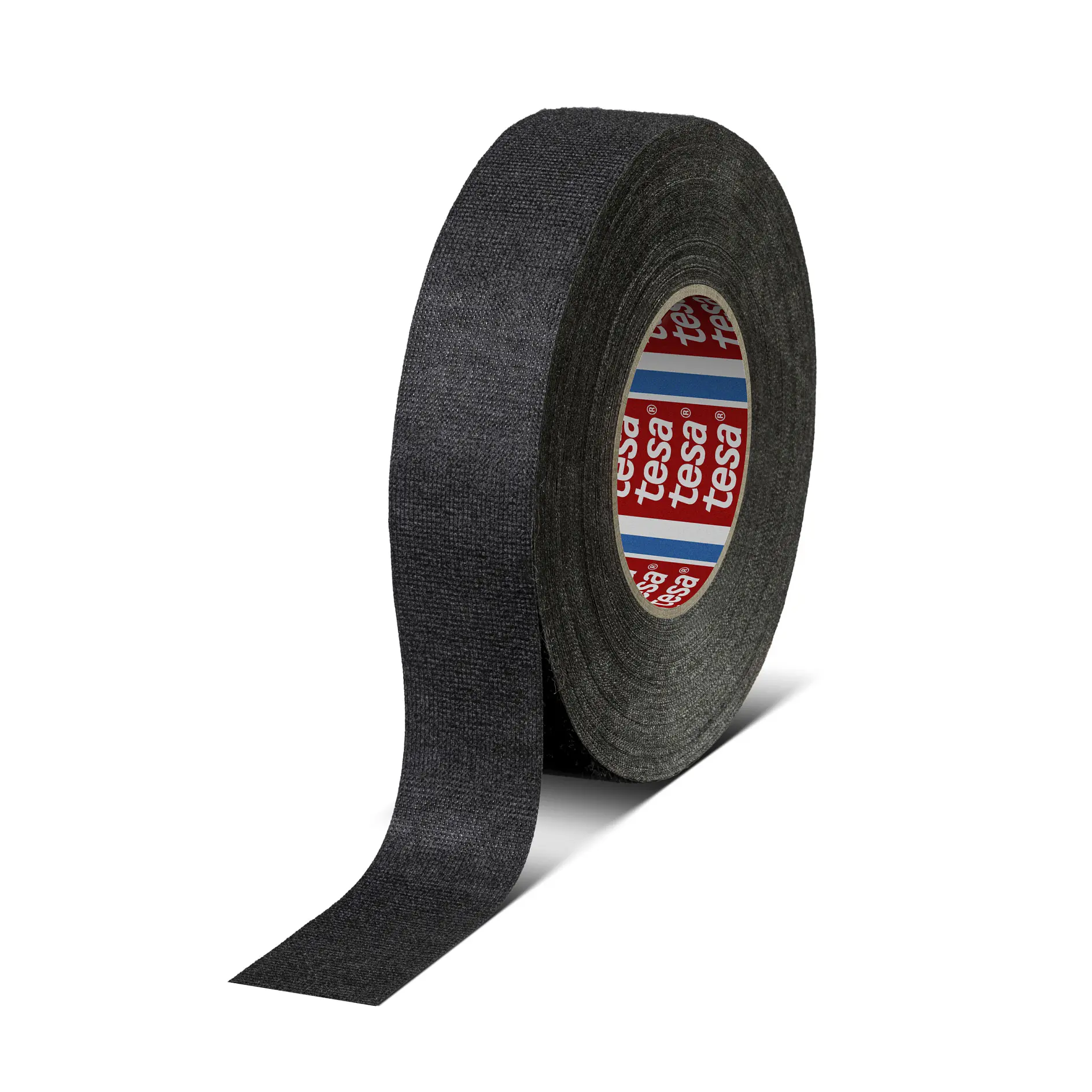 roll of black tesa adhesive tape standing upright with a strip extended on a white background (This text has been generated by AI)