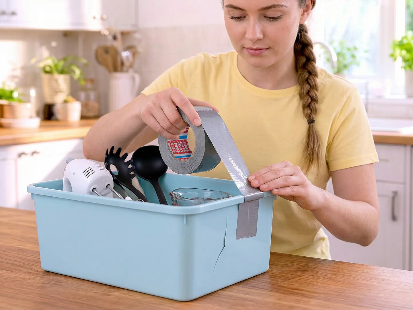 woman placing kitchen appliances into a blue tesa storage bin on a wooden countertop in a bright kitchen (This text has been generated by AI)