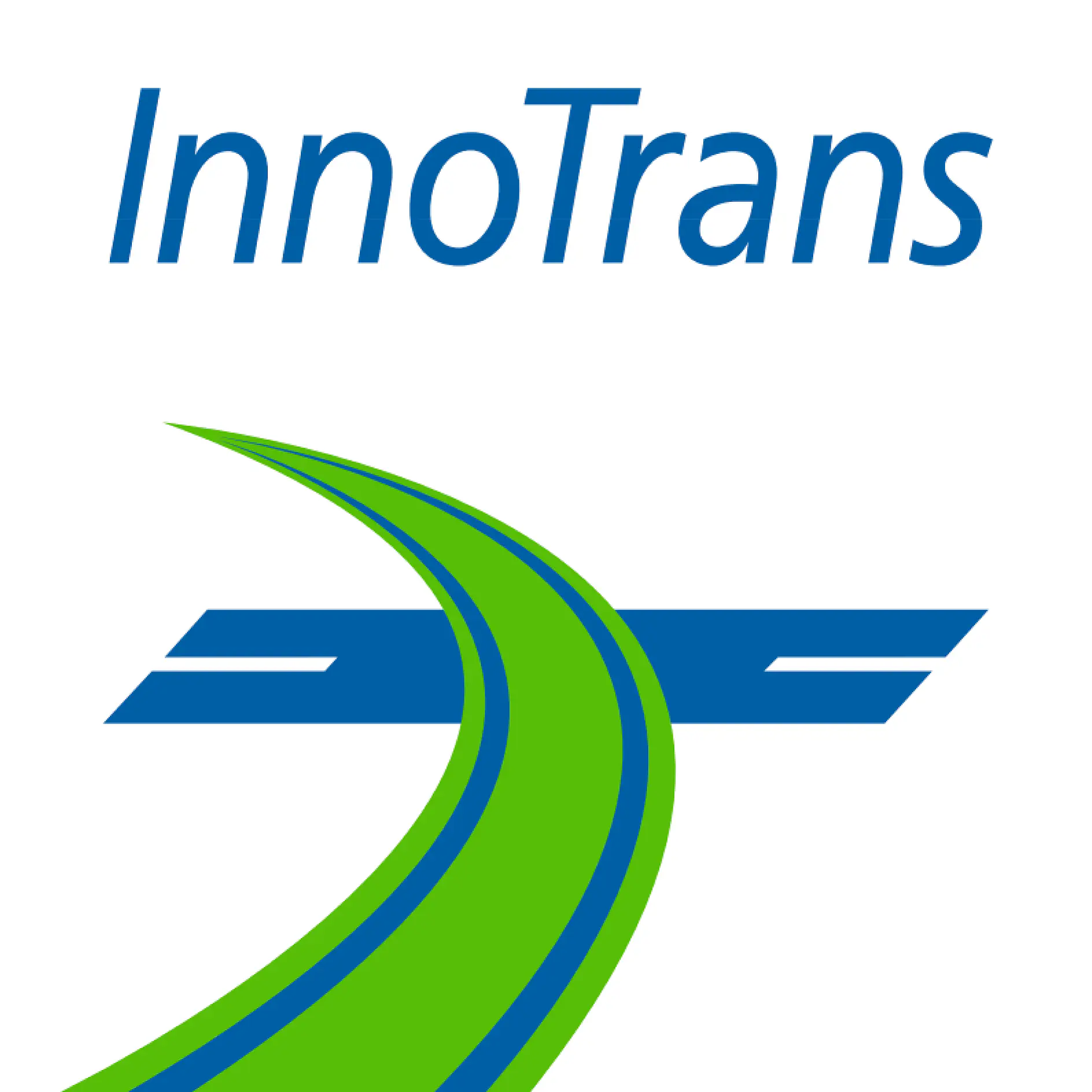 InnoTrans logo with blue text above a stylized blue rail track and a green and blue curved path, representing transportation, innovation, and featuring tesa tape.
