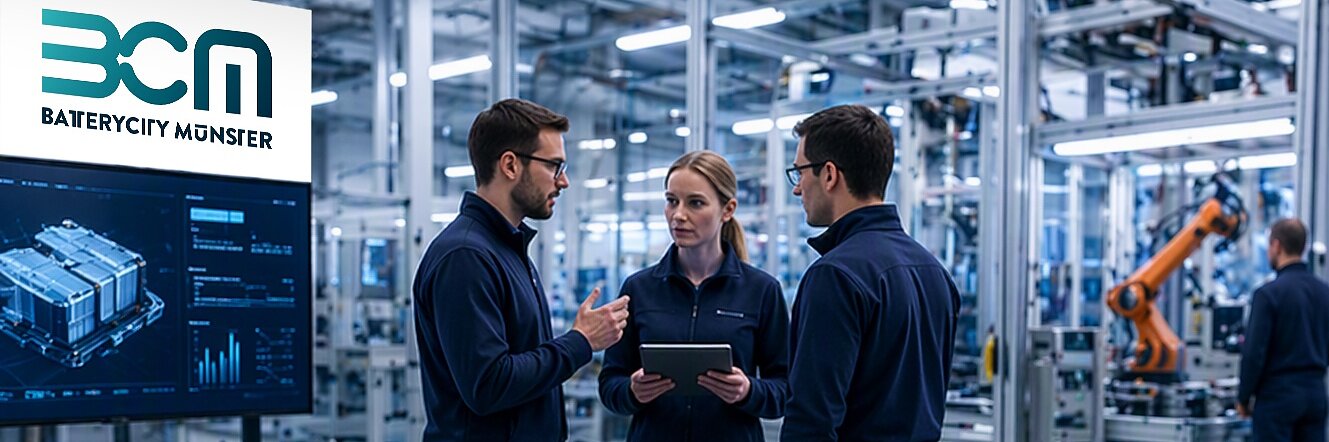 Four people discuss near a disassembled large battery pack in a factory setting, with Batterycity Monster branding on a screen and robotic arms in the background. A blue battery module sits in the foreground, featuring visible tesa tape applications.