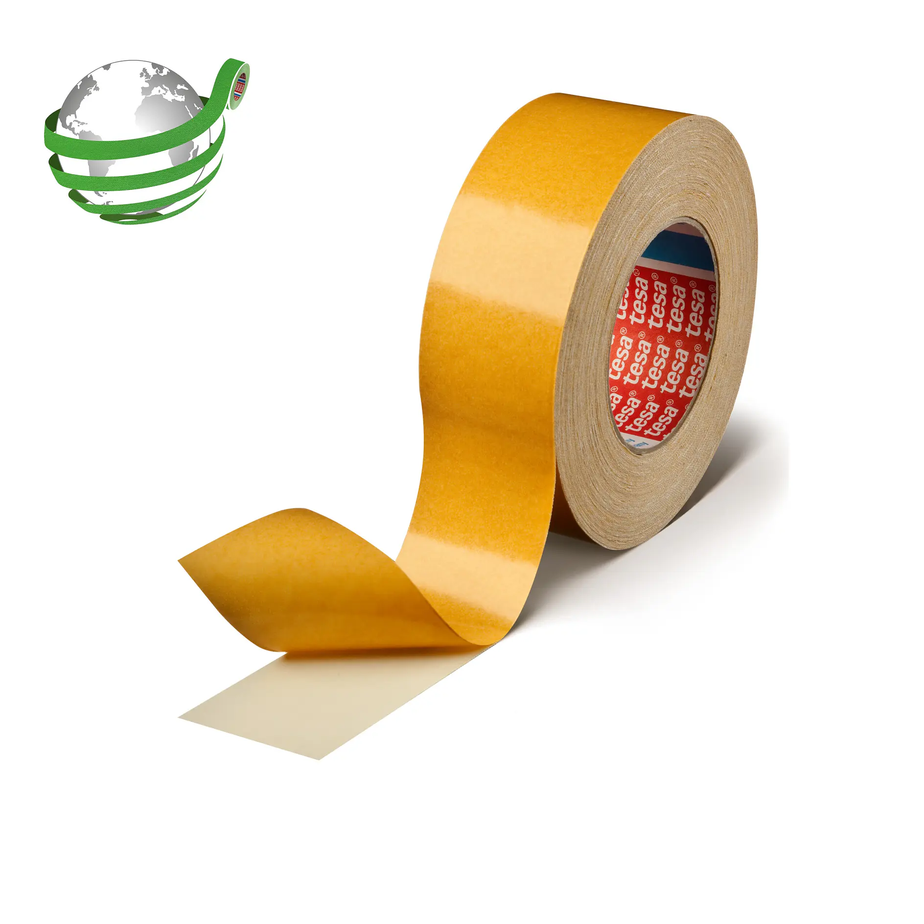 roll of tesa adhesive tape with a partially unrolled strip on a white background, isolated product image (This text has been generated by AI)