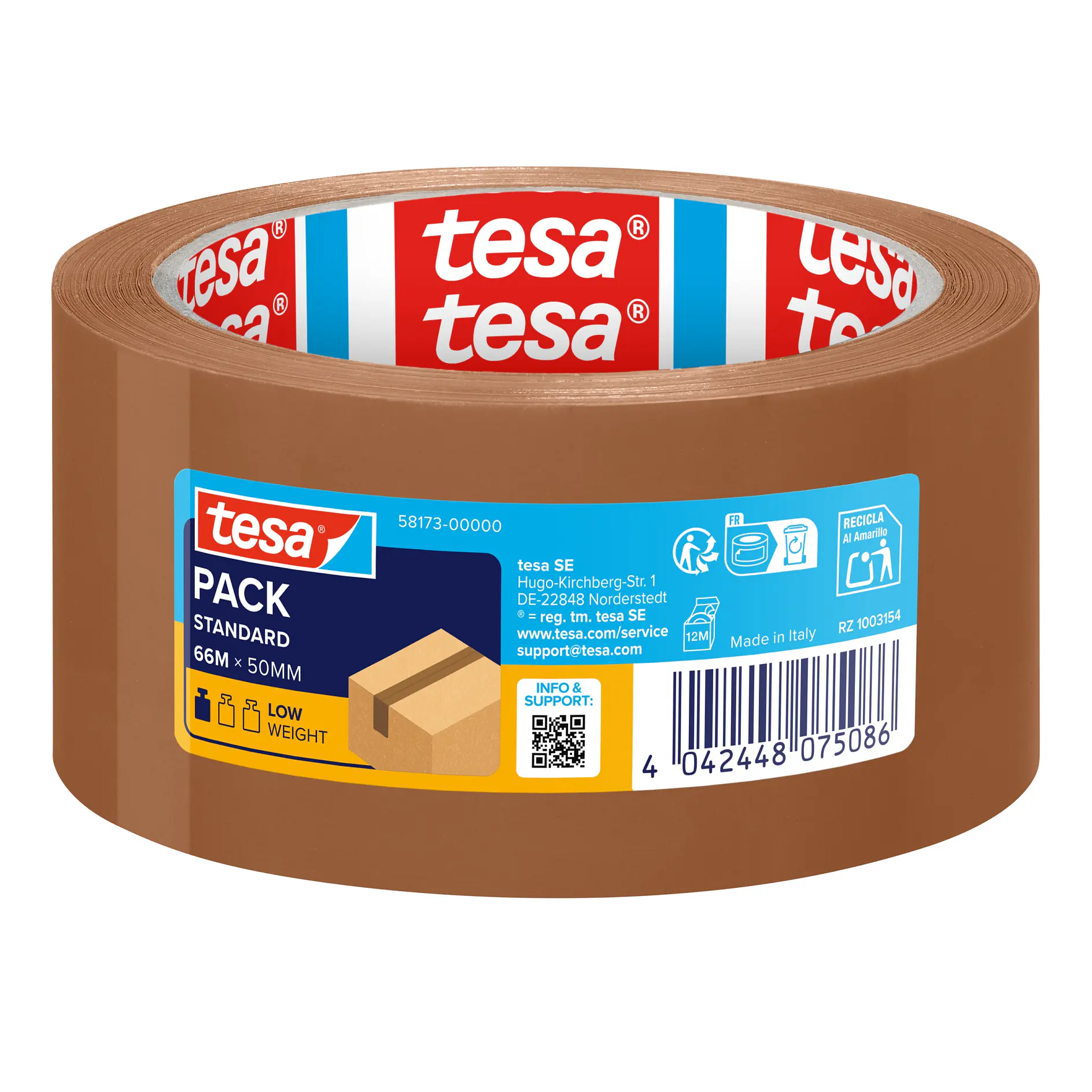 brown tesa packing tape roll with blue and white label showing product details and barcode on a white background (This text has been generated by AI)