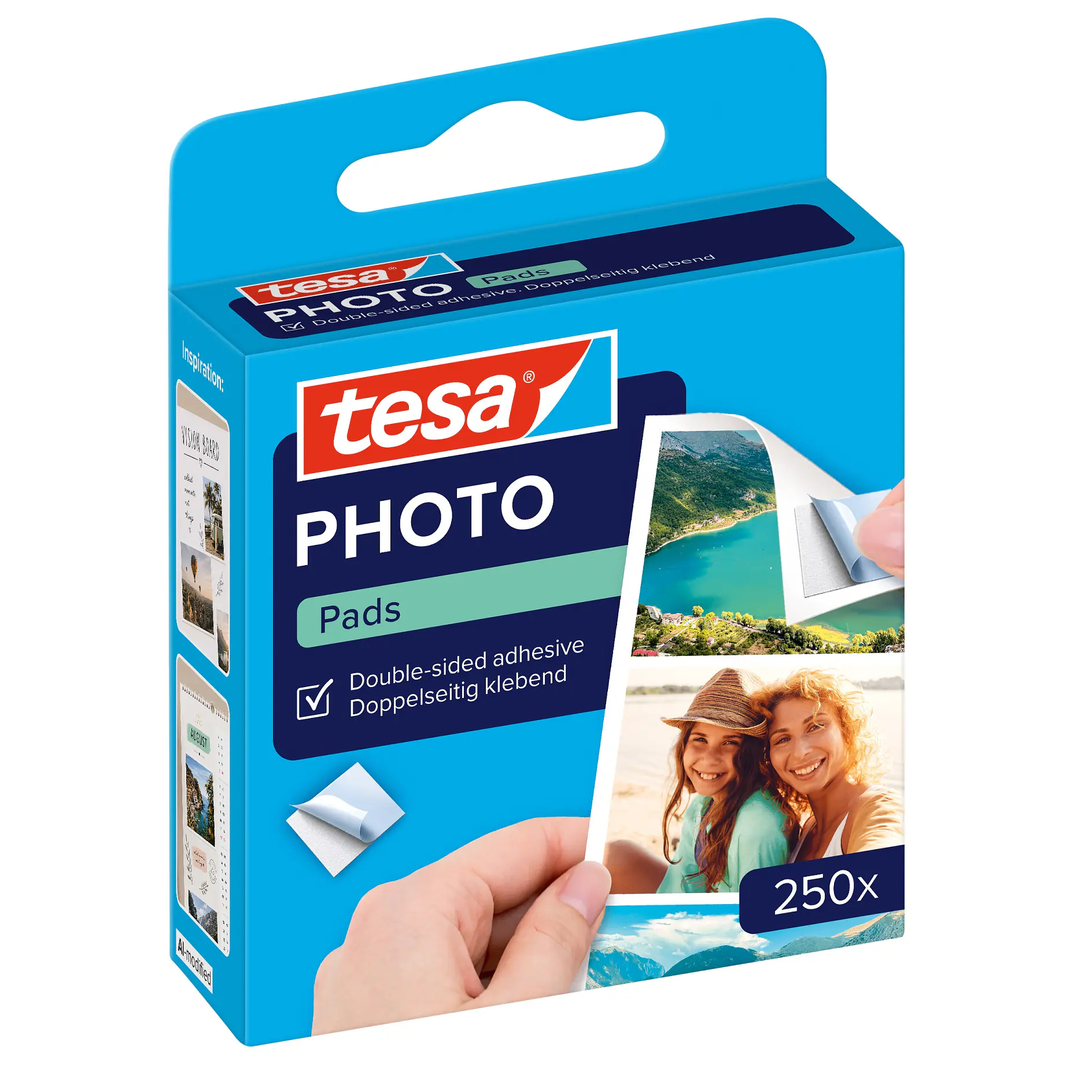 tesa photo pads packaging showing double-sided adhesive pads with sample photos in a blue retail box on a white background (This text has been generated by AI)