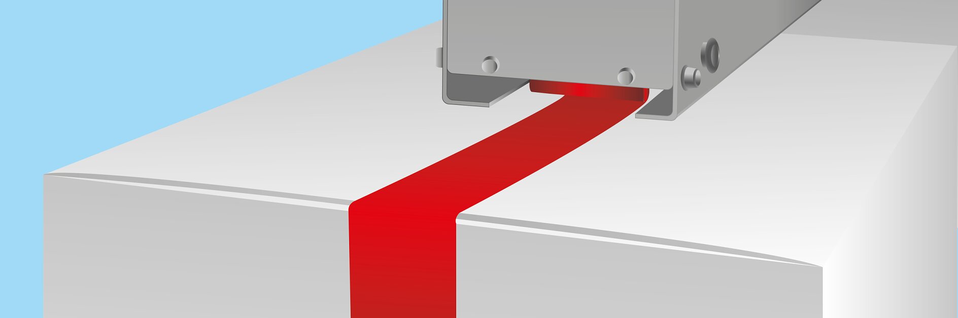 A gray machine dispenses a strip of red tesa tape onto a white surface against a light blue background. The tesa tape emerges from a rectangular slot in the machine. (This text has been generated by AI)