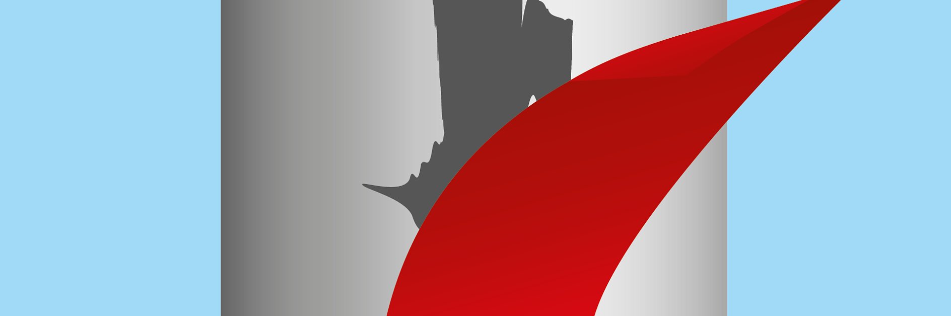 A tall, cylindrical object with a gray surface has a jagged black shape toward the top. A bold red curved element is prominently situated in the lower right corner against a light blue background. (This text has been generated by AI)