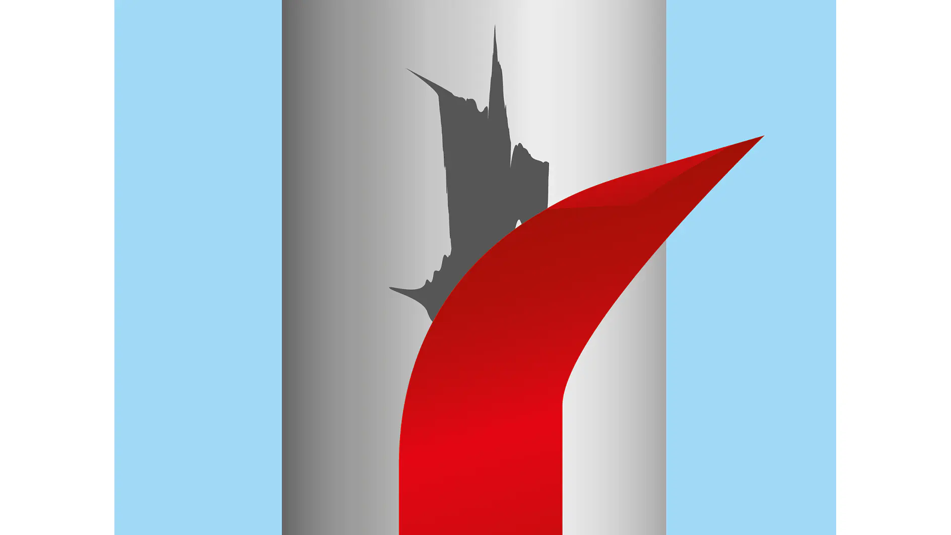 A tall cylindrical object with a gray surface features a jagged black shape near the top, while a bold red curved element stands out in the lower right corner against a light blue background, representing repairing adhesives solutions and applications. (This text has been generated by AI)