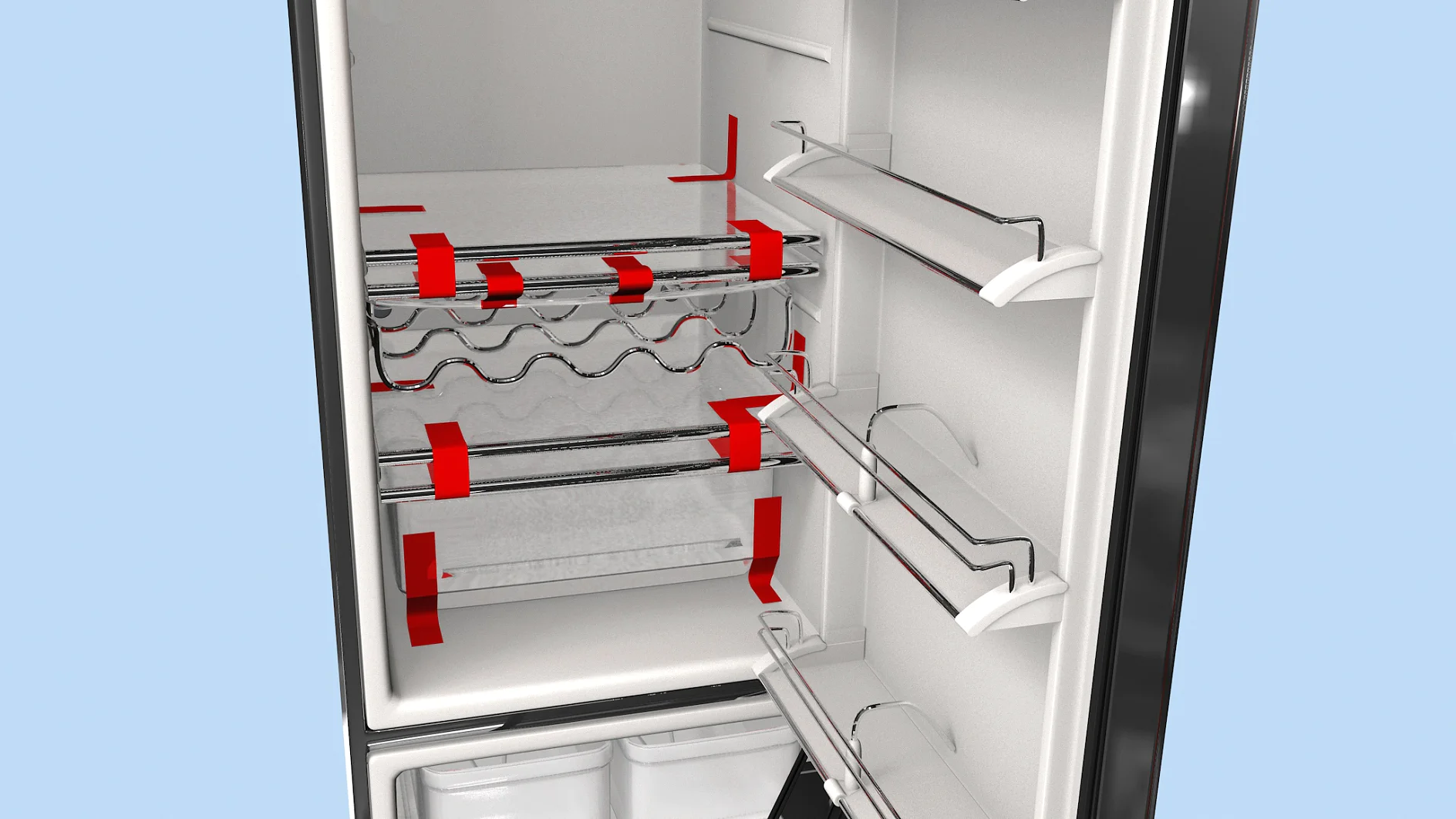 During transport, glass shelves and loose bins are fixed with strapping tape.