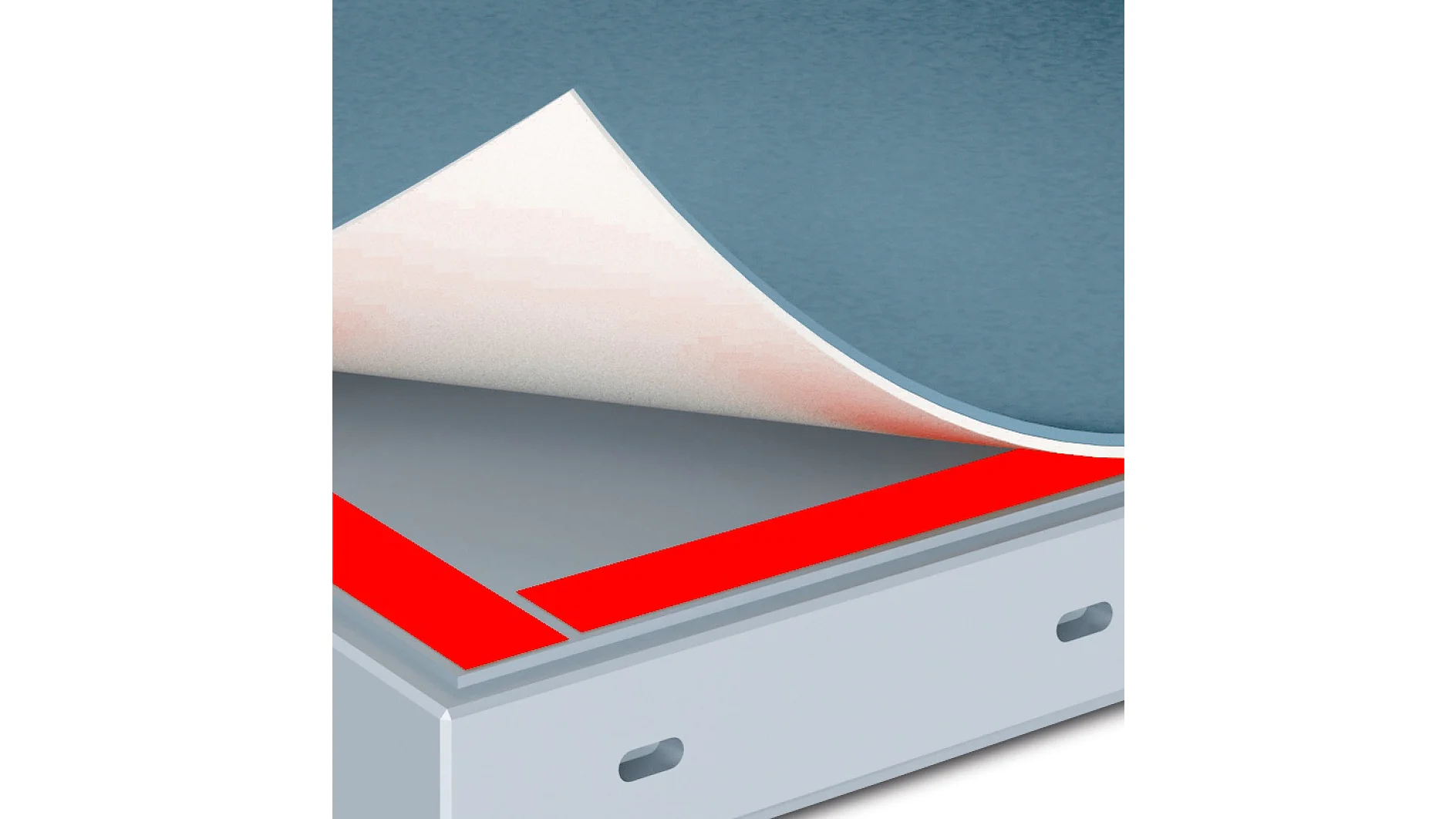 A close-up illustration of a board with a layer being peeled back. The board appears to have two red strips of tesa tape beneath the top layer. The edges are gray with two oval slots. The background is a textured blue. (This text has been generated by AI)