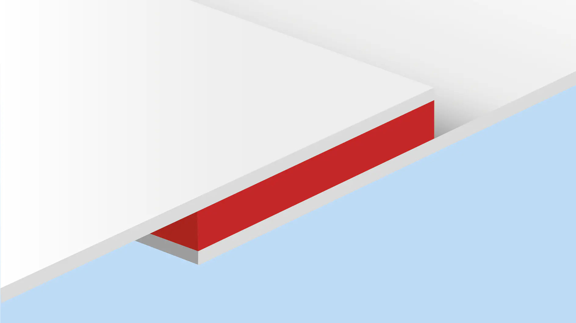 Abstract image featuring geometric shapes. A large white rectangle is layered over a smaller red rectangle with tesa tape, both on a light blue background. The white rectangle casts a subtle shadow on the surface due to the use of tesa tape.