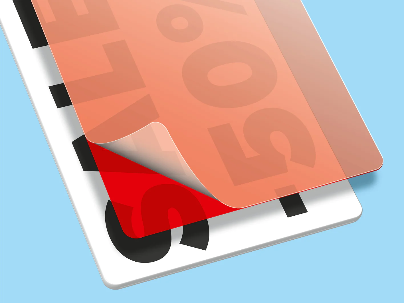 A stylized image displays a layered graphic of sale materials. A red and transparent sheet covers a white card featuring large black letters. On the top layer, the number 50% is visible. The background is light blue, using tesa tape throughout the design. (This text has been generated by AI)