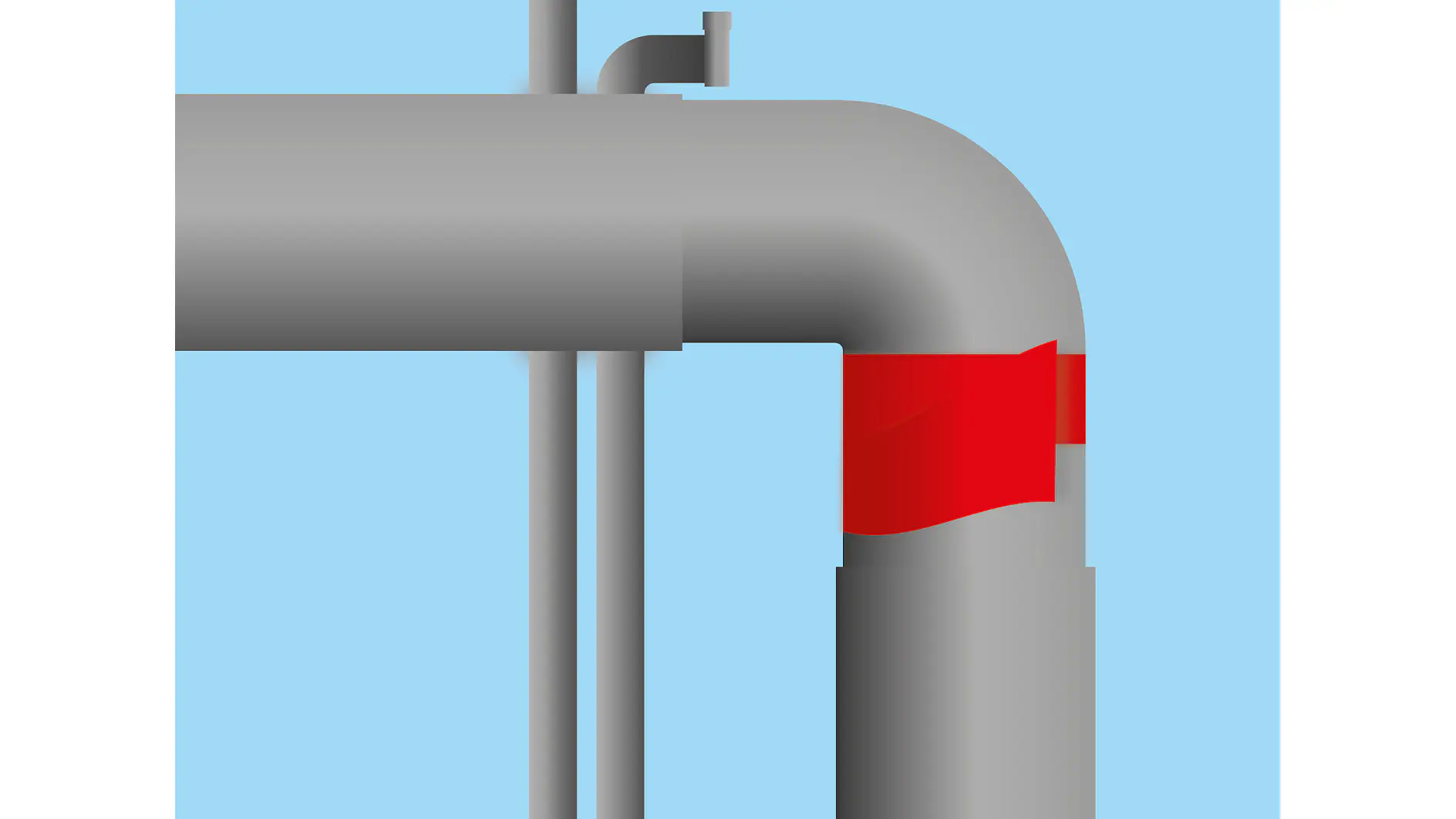 A metal pipe with red tesa tape wrapped around a corner joint is set against a light blue background. tesa sealing tapes provide reliable protection and secure bonding for such applications (This text has been generated by AI)