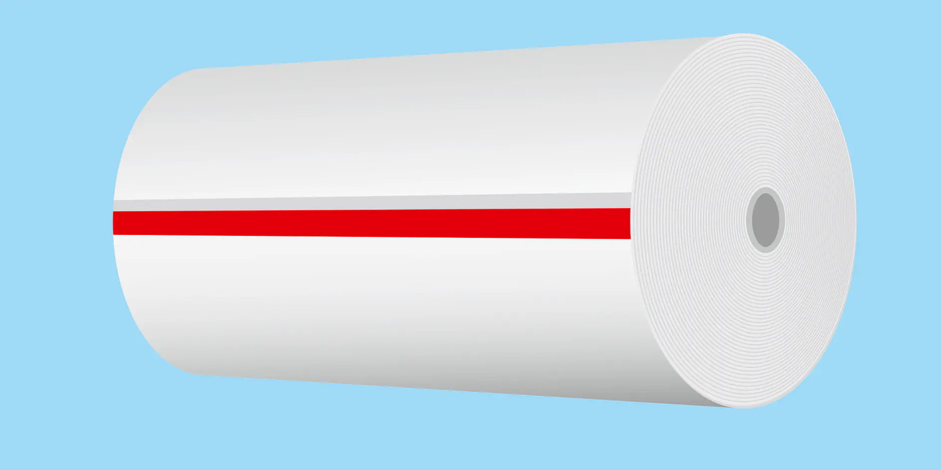 A large roll of white paper with a red stripe running along its length is depicted against a light blue background. The paper roll is positioned horizontally, showcasing its circular end and the core in the center, held together seamlessly by tesa tape.