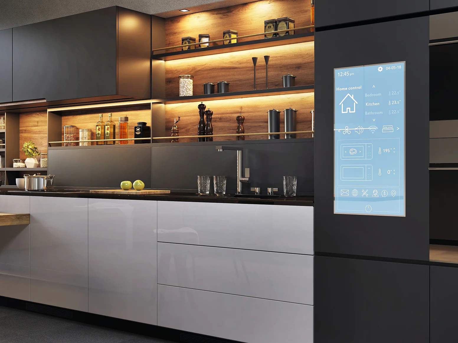 Smart home control panel in a modern kitchen