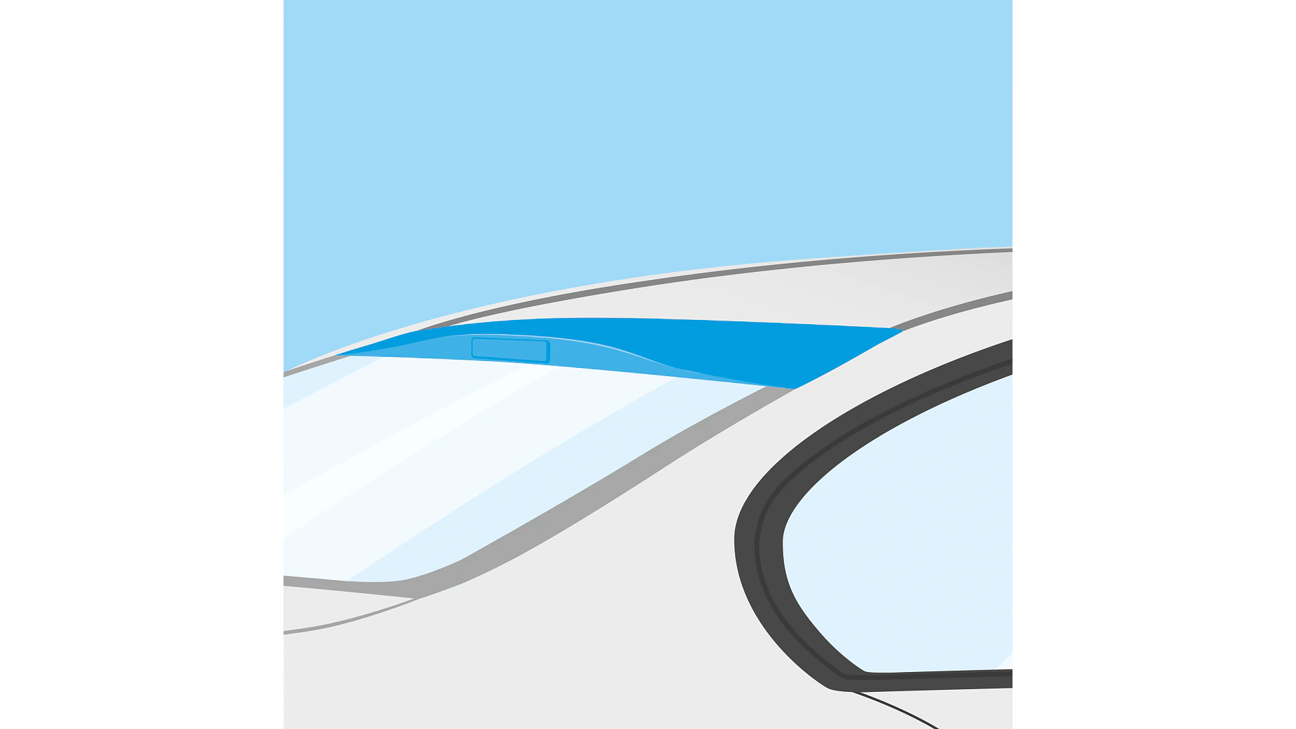 Illustration of a white car featuring the back section and its window prominently. The sky is visible and blue, with part of the car’s roof and rear window shown. The window is tinted, and the curved lines of the car are highlighted. (This text has been generated by AI)