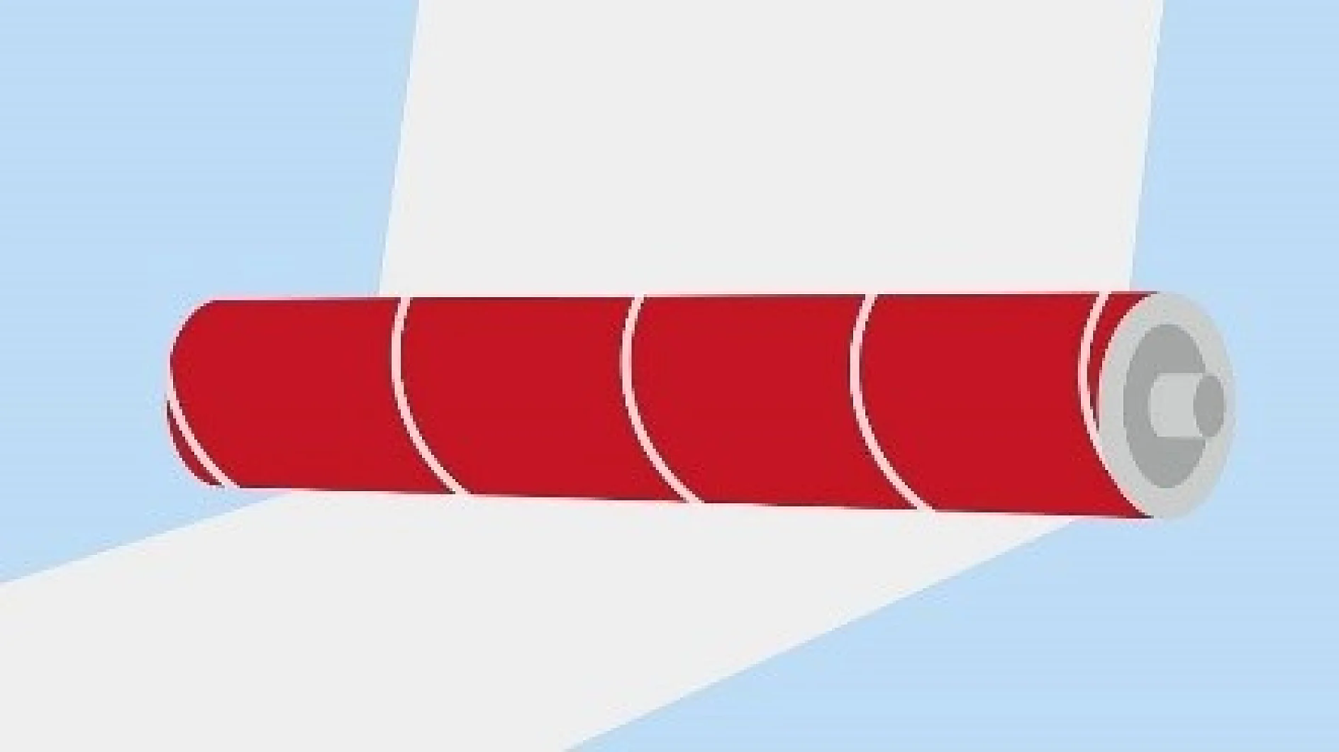 Illustration of a red paint roller with a white spiral pattern, shown mid-roll on a blue and white background. The roller appears to be applying a white coating using tesa tape. (This text has been generated by AI)