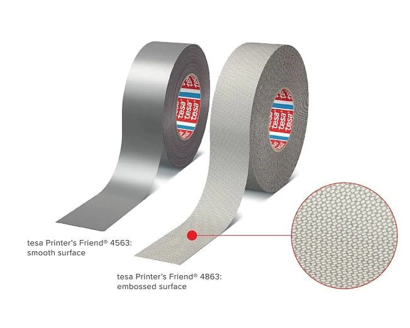 Two rolls of tesa Printers Friend tape are shown. The left roll, labeled 4563, has a smooth surface. The right roll, labeled 4863, features an embossed surface. A close-up shows the texture of the embossed tesa tape. (This text has been generated by AI)