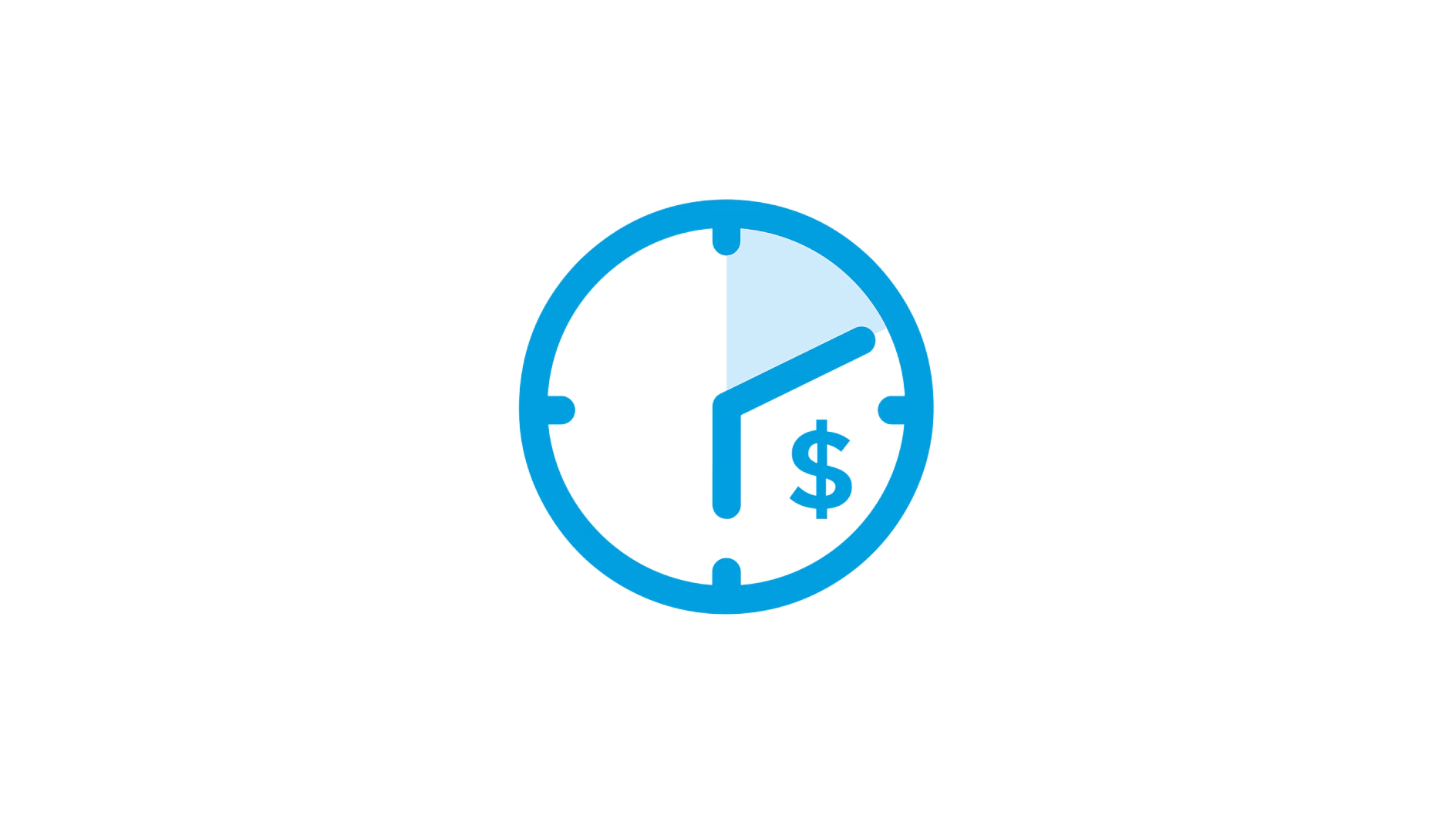 Blue outline of a clock with a pie chart segment shaded inside, showing a slice indicating time passing. A dollar sign is near one hand of the clock, symbolizing the concept of time equating to money. (This text has been generated by AI)
