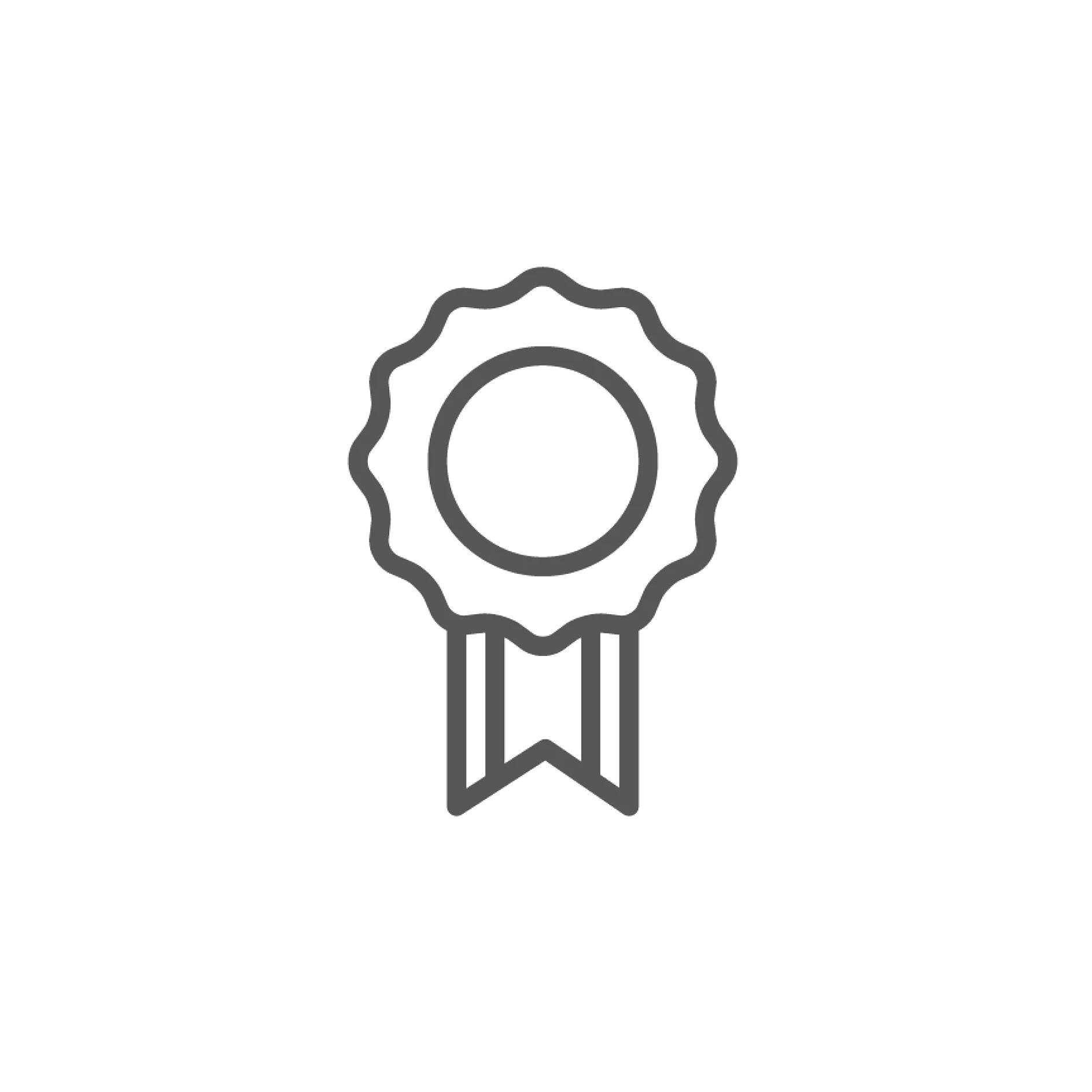 Black and white icon of an award ribbon. The design features a circular shape with scalloped edges and two vertical tesa tape ribbons extending downward. (This text has been generated by AI)