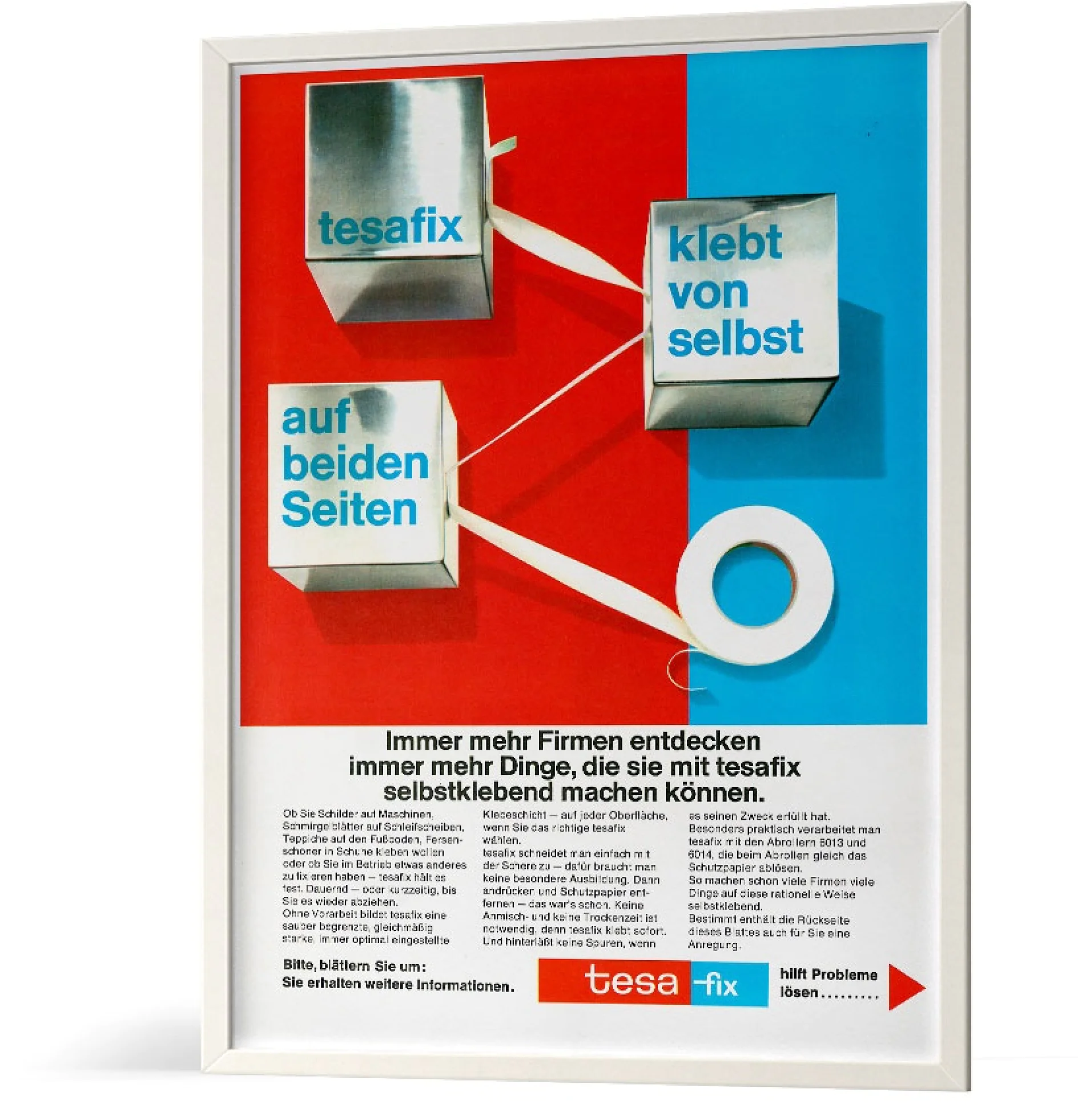 A poster featuring a vintage advertisement for tesa tape. It includes a graphic of three cubes with arrows pointing to a roll of tesa tape. Text in German describes the products self-adhesive properties and potential uses. (This text has been generated by AI)