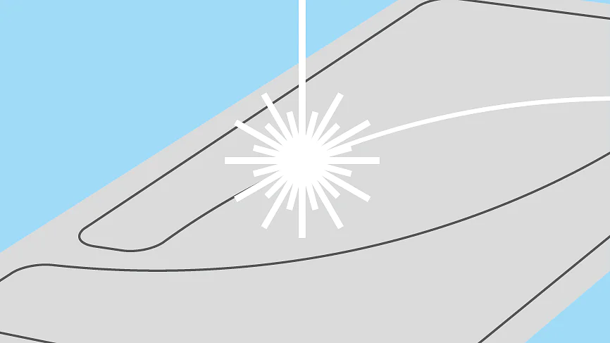 A stylized illustration of a laser cutting machine. The image shows a metal sheet being cut by a bright, focused laser beam. The background is blue, and the laser is depicted as a white line with a bright starburst at the cutting point. (This text has been generated by AI)