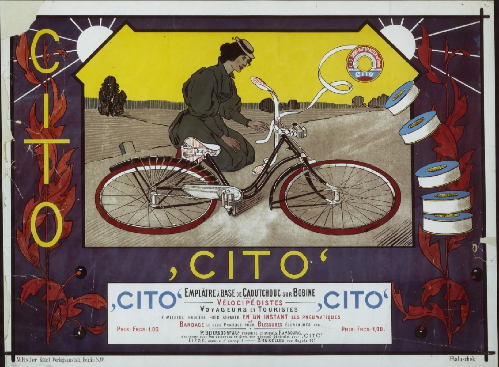 A vintage advertisement features a person riding a bicycle with Cito branding. The design includes reels of elastic tesa tape floating around and bold text. A landscape background and a decorative border enhance the classic aesthetic. (This text has been generated by AI)
