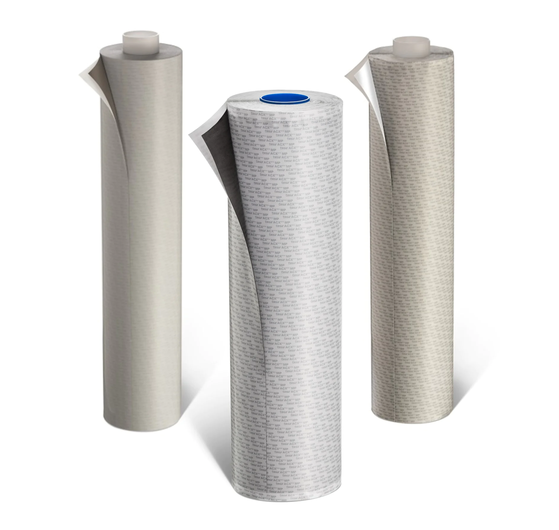 Three rolls of grey and white wallpaper stand upright. Each roll features a paper backing with subtle text and a thin, darker strip near the top, secured by tesa tape. The rolls are evenly spaced on a plain white background. (This text has been generated by AI)