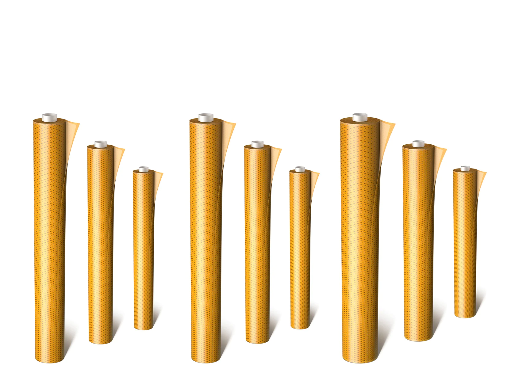 Nine upright gold-wrapped chocolate bars, slightly unwrapped at the top, are lined up in a staggered formation against a white background. They are held securely in place with tesa tape, ensuring no movement disrupts the display. (This text has been generated by AI)