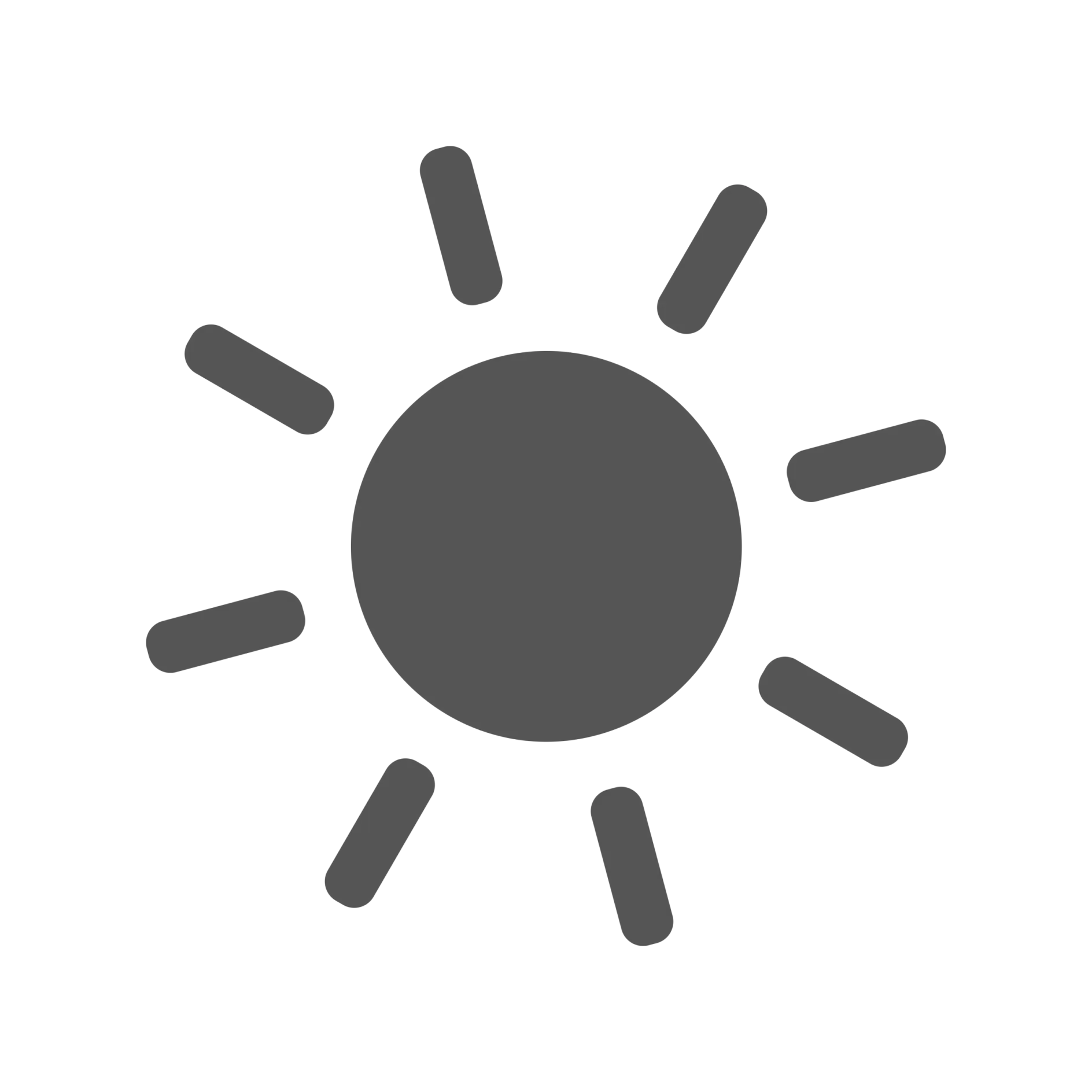 Black and white sun icon with a central circle and evenly spaced rays on a plain black background, representing solar energy and adhesive solar panel applications. (This text has been generated by AI)