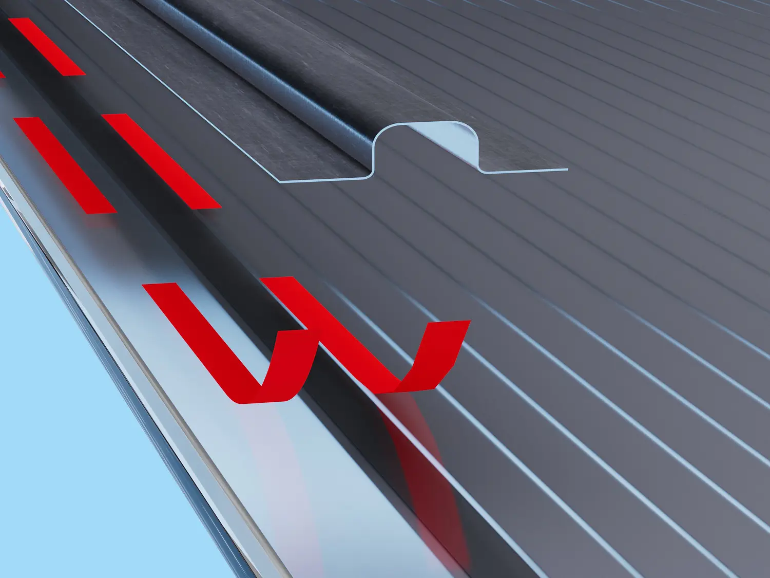Close-up of a solar panel with a textured surface. Red markings and lines are visible on the panel, along with a raised section of glass secured with tesa tape. The panel is set against a light blue background. (This text has been generated by AI)