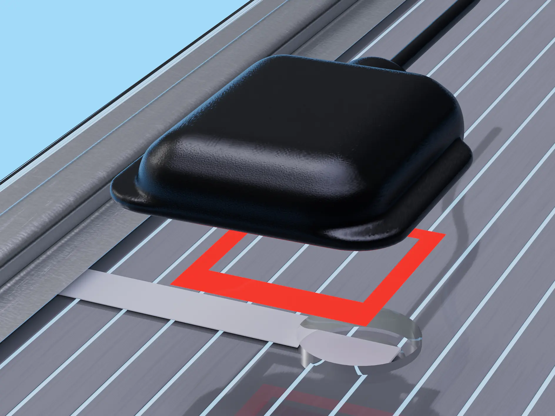 Close-up of a black sensor device positioned on a surface with parallel lines. A connected cable extends from the sensor, and a red, square-shaped line is highlighted on the surface beneath it, marked with tesa tape. The background is light blue. (This text has been generated by AI)