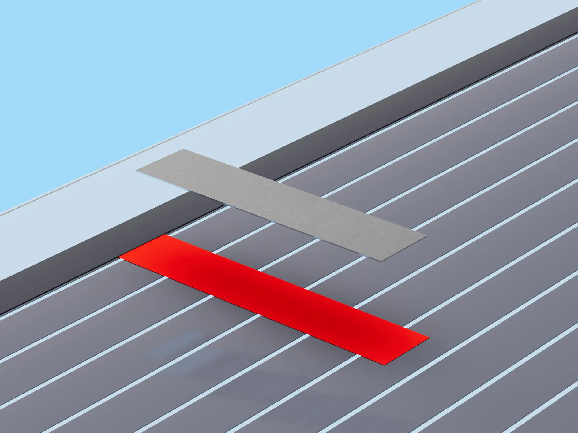 A long gray rectangular object is positioned above a bright red rectangle, both situated over a vertically-striped gray and blue surface. The background is a light blue, suggesting a sky or open space. (This text has been generated by AI)