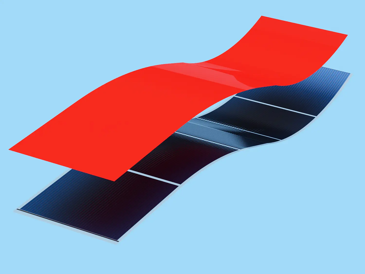 Abstract composition featuring a flexible solar panel partially covered by a vibrant red sheet secured with tesa tape, set against a light blue background. The elements appear to be bending in the middle, suggesting movement or tension. (This text has been generated by AI)