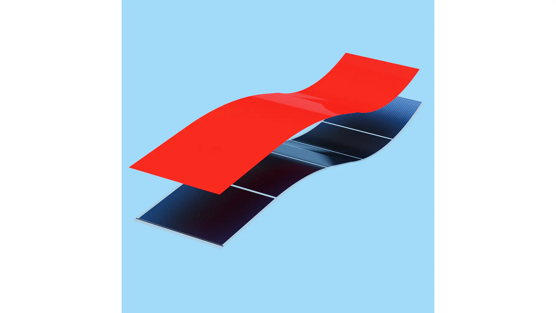 Abstract composition featuring a flexible solar panel partially covered by a vibrant red sheet secured with tesa tape, set against a light blue background. The elements appear to be bending in the middle, suggesting movement or tension. (This text has been generated by AI)