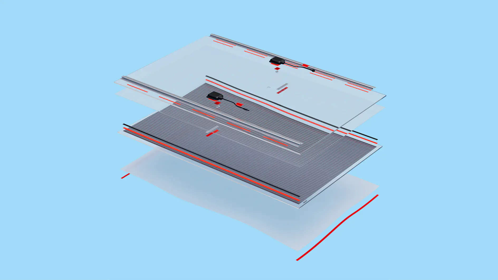 A digital rendering of layered glass panes on a blue background. The panes have red and black accents, and appear to be suspended above each other. The bottom pane is slightly transparent, giving a floating effect. (This text has been generated by AI)