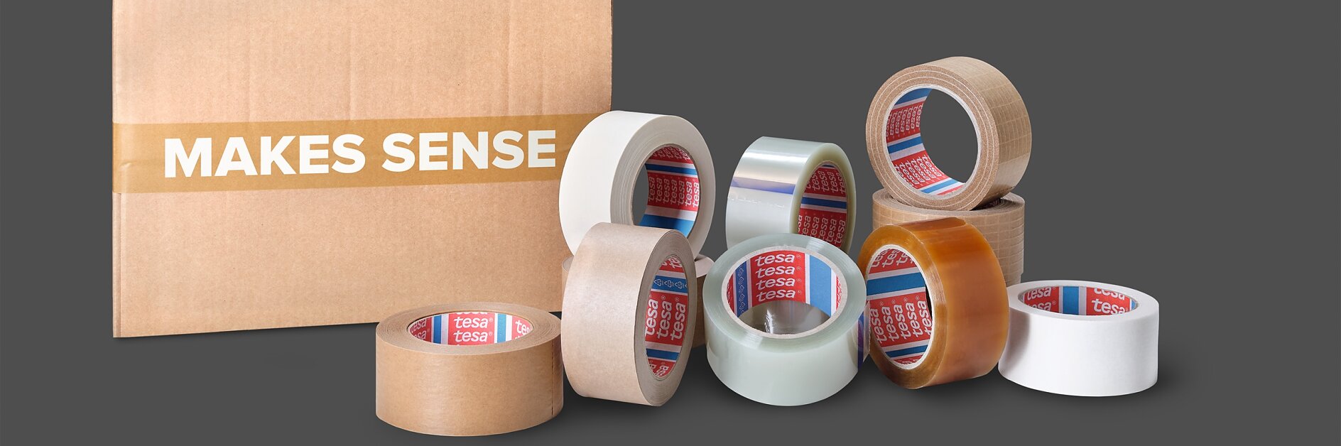 A cardboard box labeled MAKES SENSE is positioned next to ten rolls of tesa tape in various colors, including clear, brown, and beige, arranged against a plain gray background.