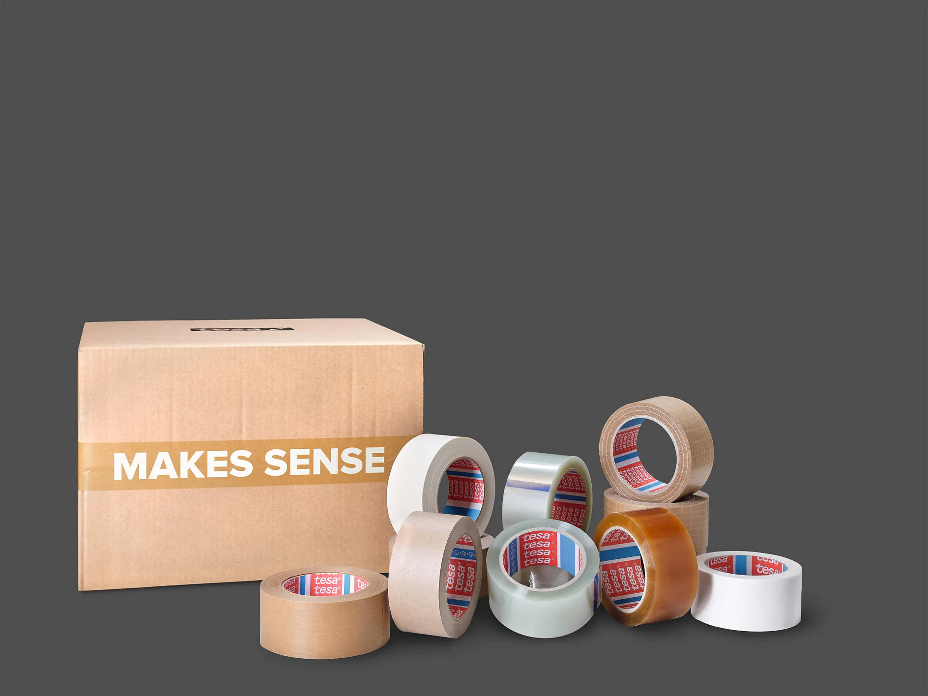 A cardboard box labeled MAKES SENSE is positioned next to ten rolls of tesa tape in various colors, including clear, brown, and beige, arranged against a plain gray background. (This text has been generated by AI)