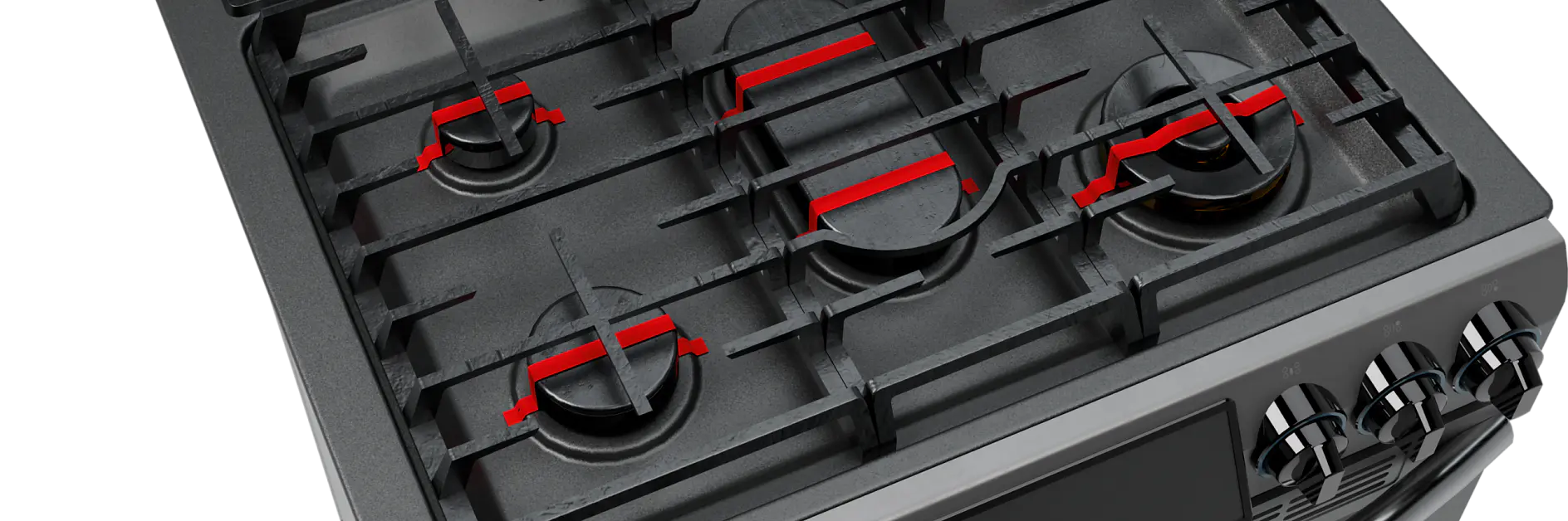 Gas stove top with five burners, each with iron grates and red accents. The knobs for controlling the burners are located on the front panel below the burners. The design is modern and dark, beautifully contrasting with strategically placed tesa tape for added durability and style.