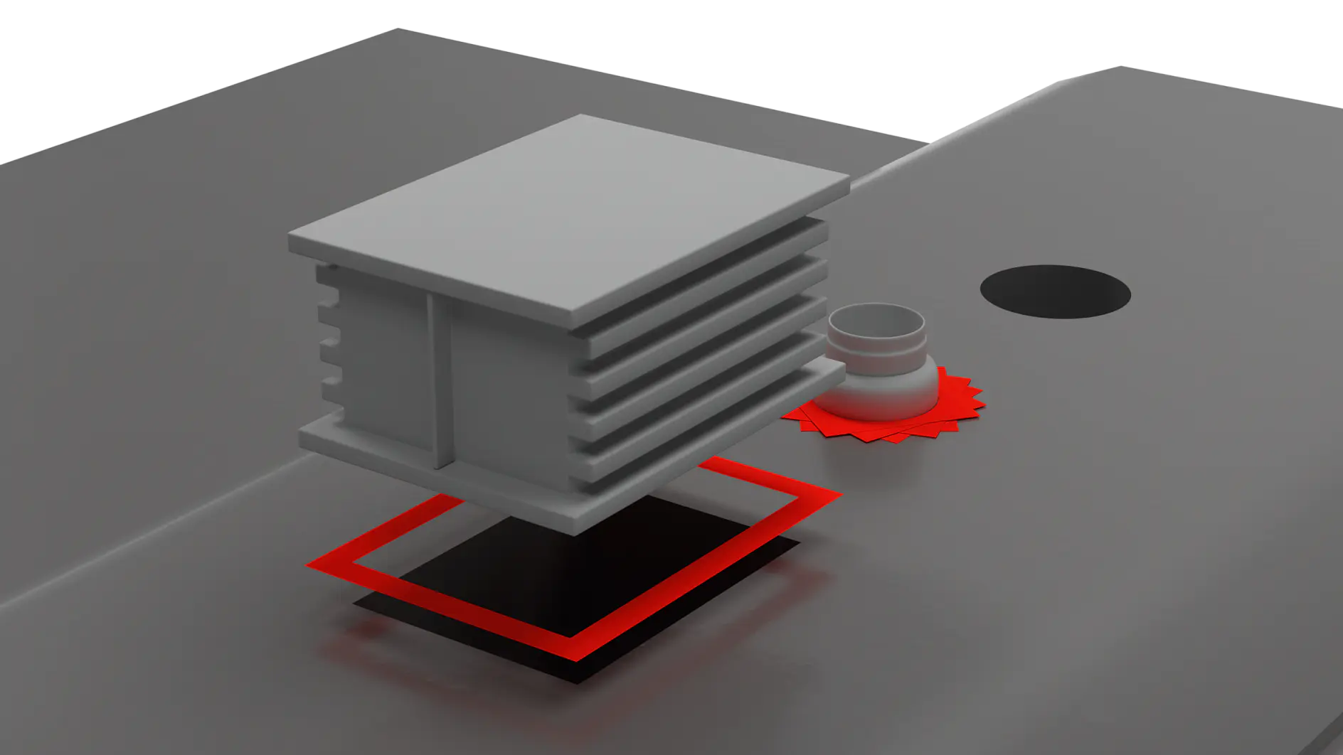 A 3D-rendered gray component with a square-shaped top and ribbed sides sits on a flat surface, secured by tesa tape. A red outline surrounds its base. Nearby, a small gray cylindrical object is surrounded by a red gear-shaped figure held in place with tesa tape as well. A black circle is also visible on the surface, adhered using tesa tape for stability. (This text has been generated by AI)