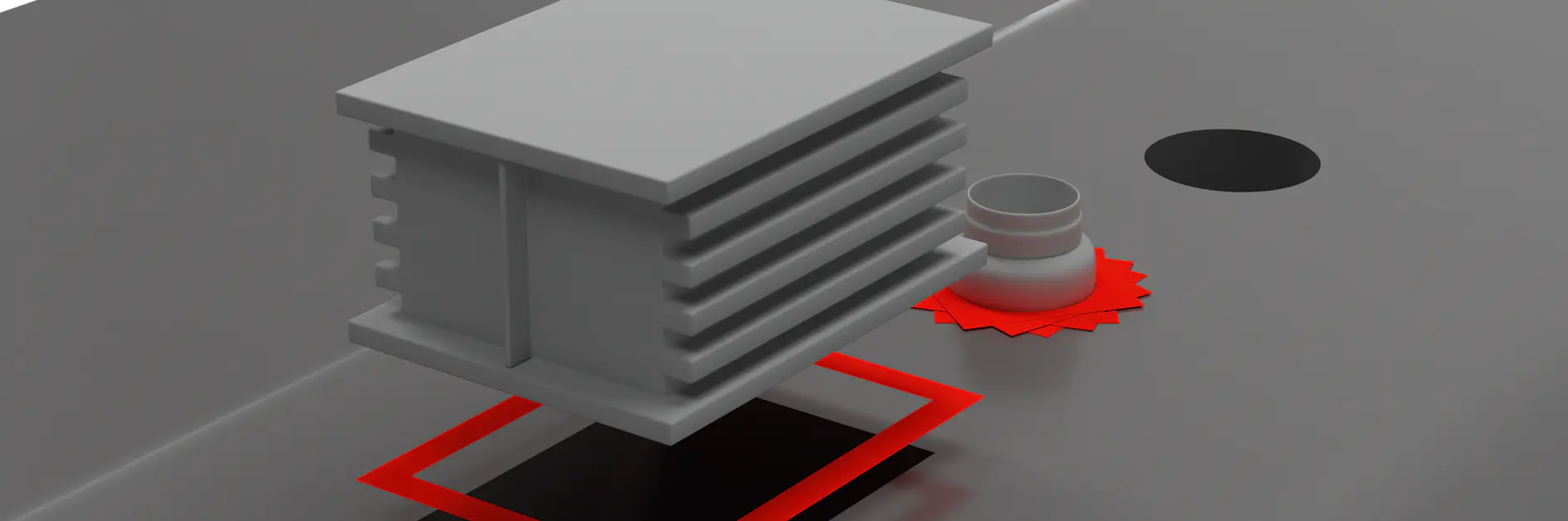 A 3D-rendered gray component with a square-shaped top and ribbed sides sits on a flat surface, secured by tesa tape. A red outline surrounds its base. Nearby, a small gray cylindrical object is surrounded by a red gear-shaped figure held in place with tesa tape as well. A black circle is also visible on the surface, adhered using tesa tape for stability.
