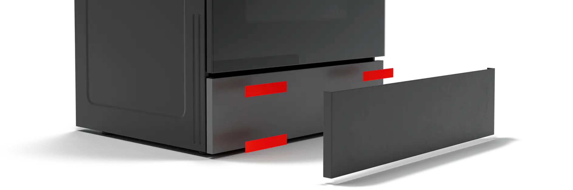 A black oven with an open lower drawer is shown. Detached is a panel meant to cover the drawer. Red-colored highlights indicate the attachment points for the panel on the drawer, where tesa tape can be used for secure attachment.