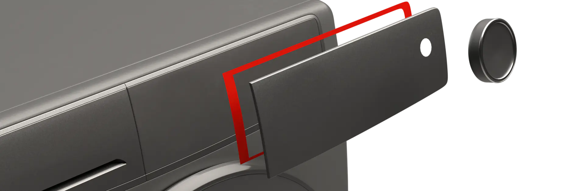 Close-up of a gray washing machine with a detachable front panel highlighted in red. A removed dial is positioned to the right, showcasing modular design with washing machine tape securing key components