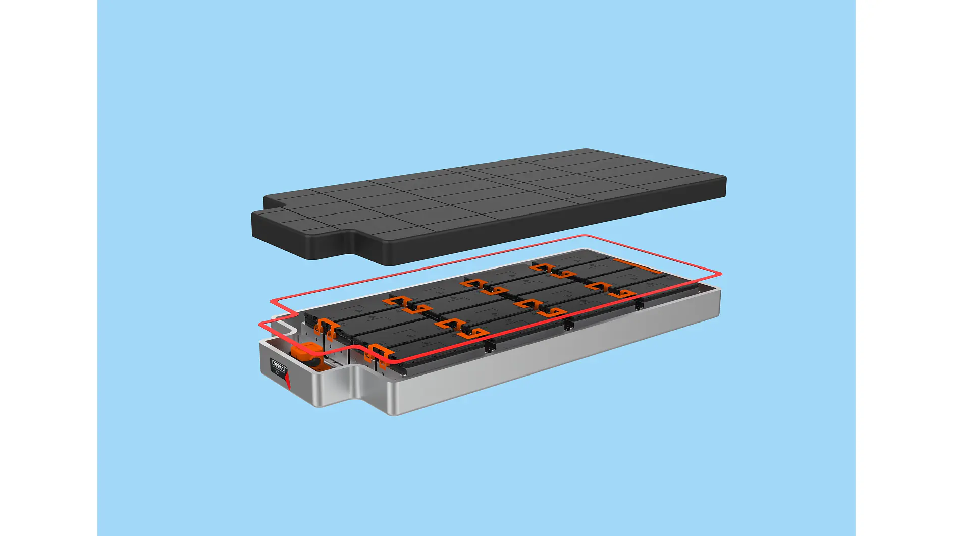 Exploded view of a battery pack on a light blue background. The image shows a black cover, a set of connected black battery modules inside a silver casing, and orange connectors, highlighting the internal structure of the battery secured in place with tesa tape. (This text has been generated by AI)