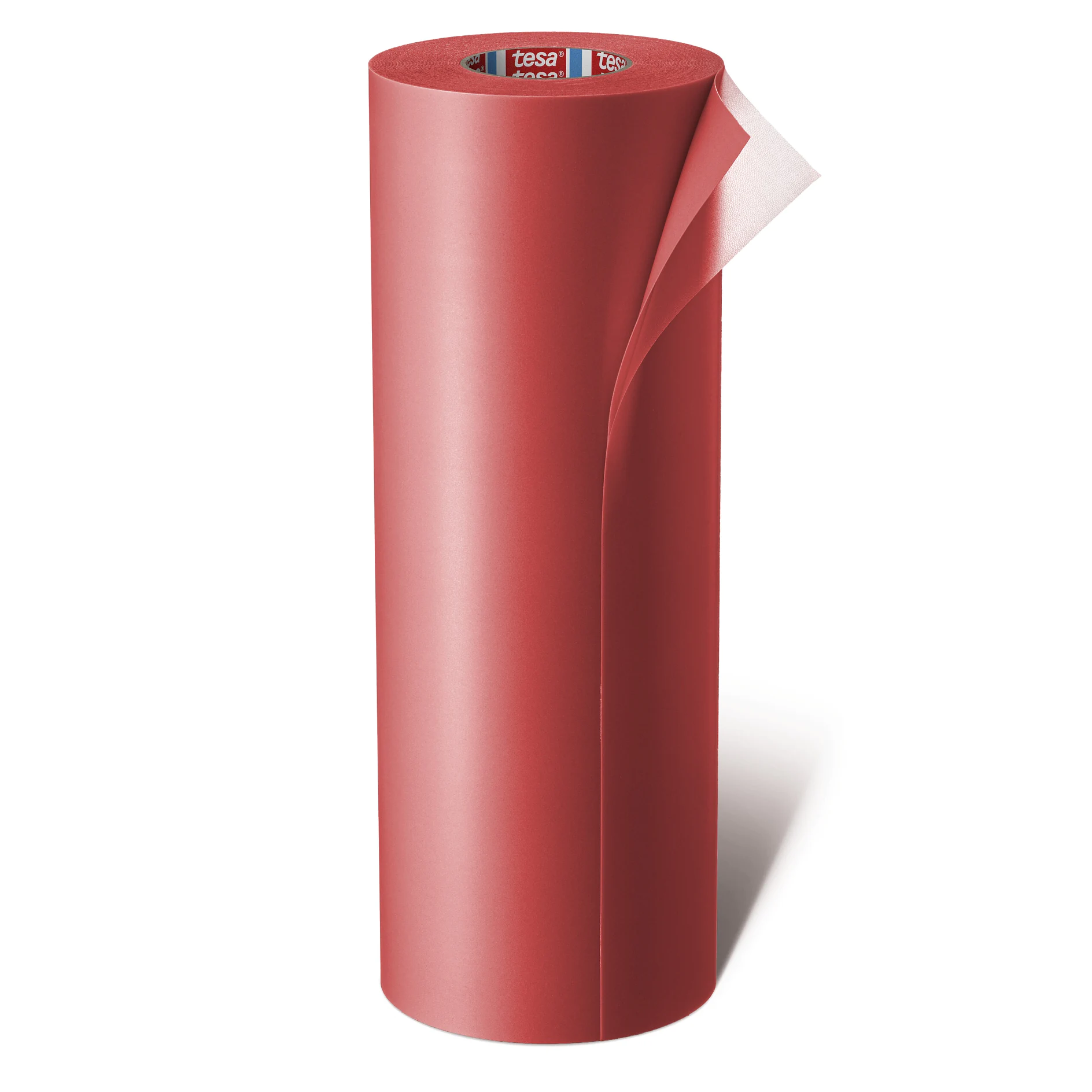 red tesa adhesive tape roll standing upright with a loose end partially peeled away on a white background (This text has been generated by AI)