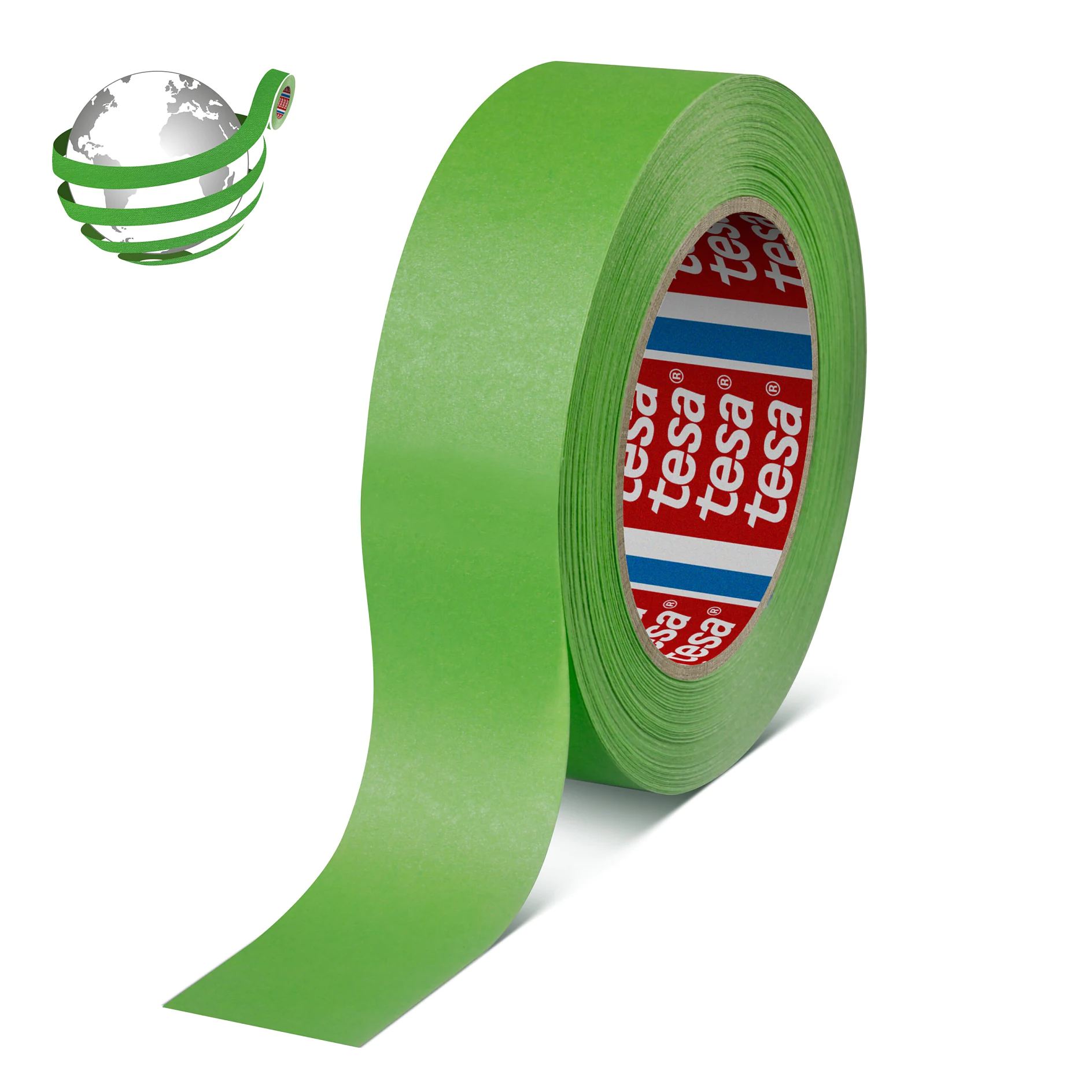green tesa masking tape roll with red and white branded core, isolated on white background, used for painting and surface protection (This text has been generated by AI)