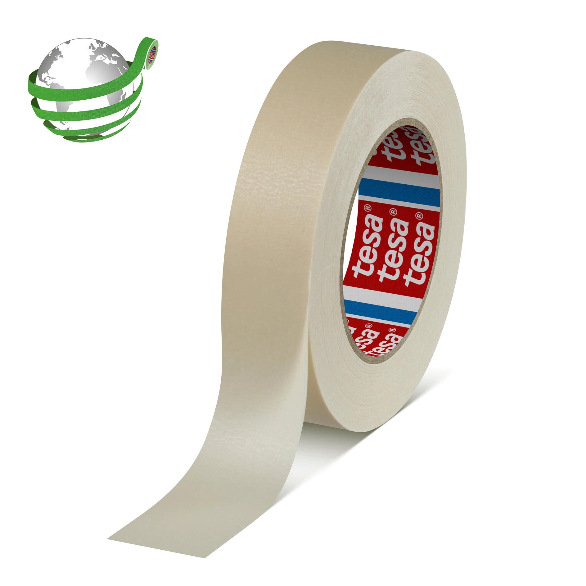 roll of beige tesa adhesive tape with partially unrolled strip on white background, studio setting (This text has been generated by AI)